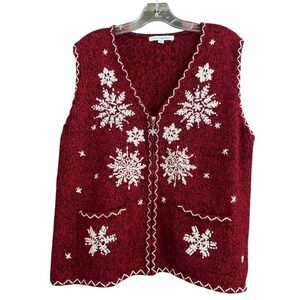 Mercer Street Studio Red Snowflake Embroidered Sweater Zip Up Vest Sz L